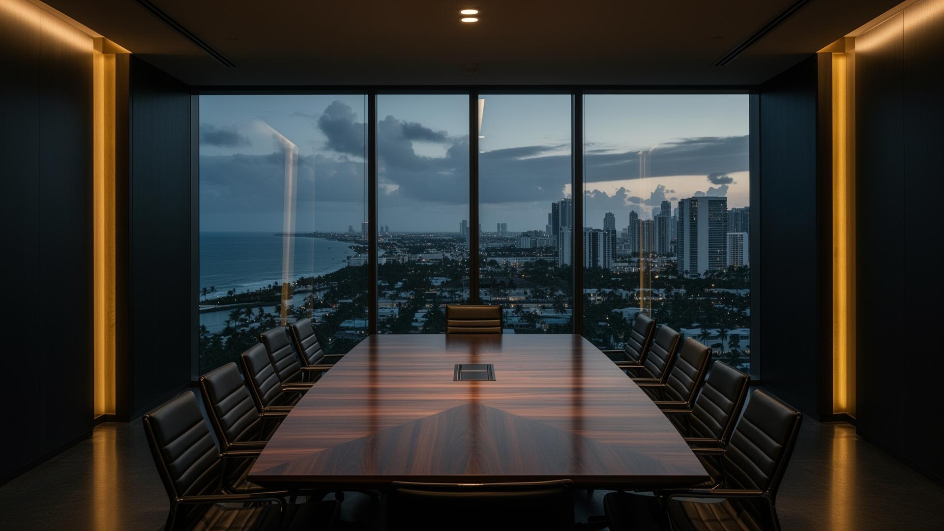 Executive boardroom overlooking a Florida coastal skyline at twilight