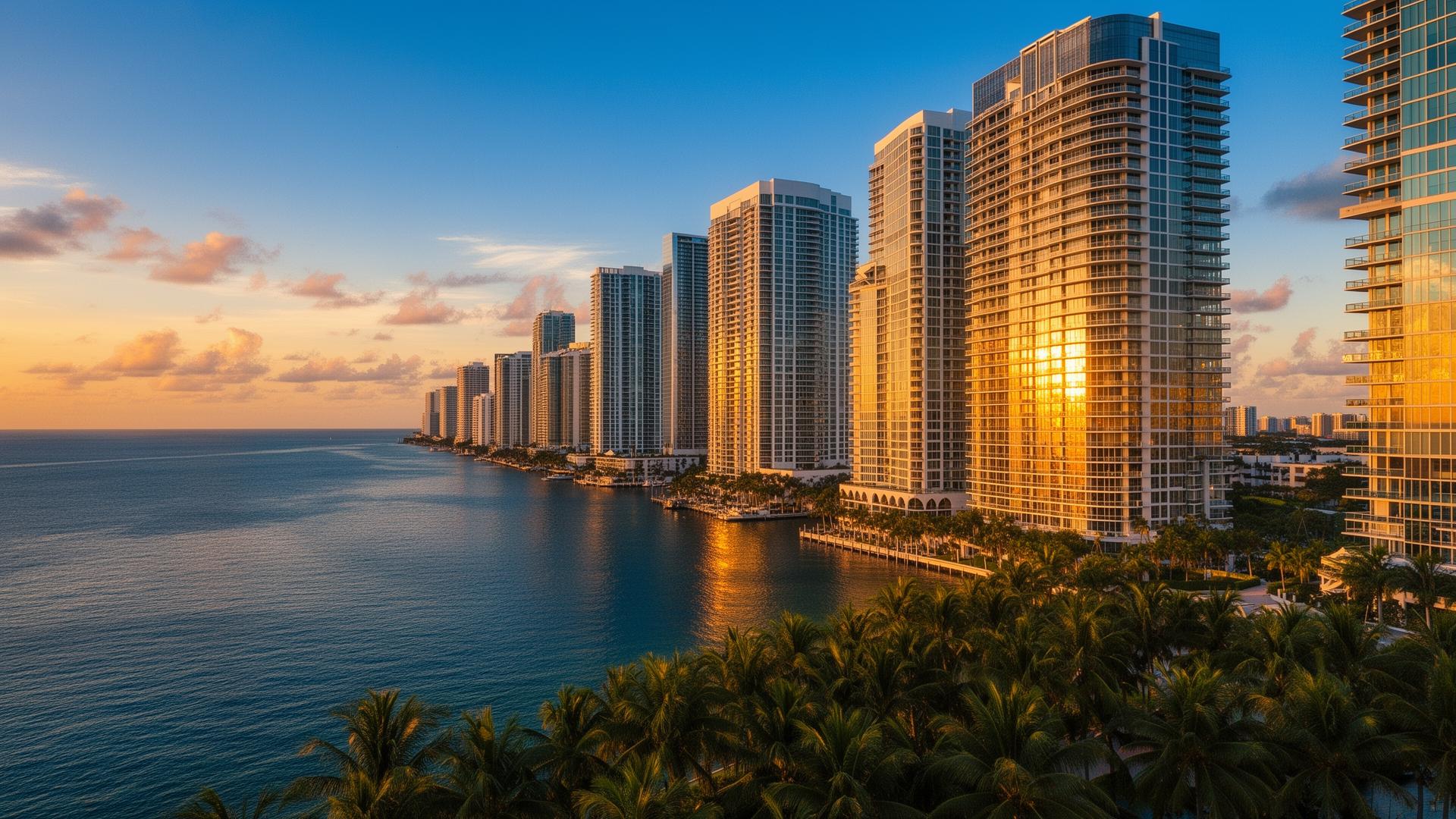 Miami and Fort Lauderdale skyline at golden hour along the Intracoastal Waterway